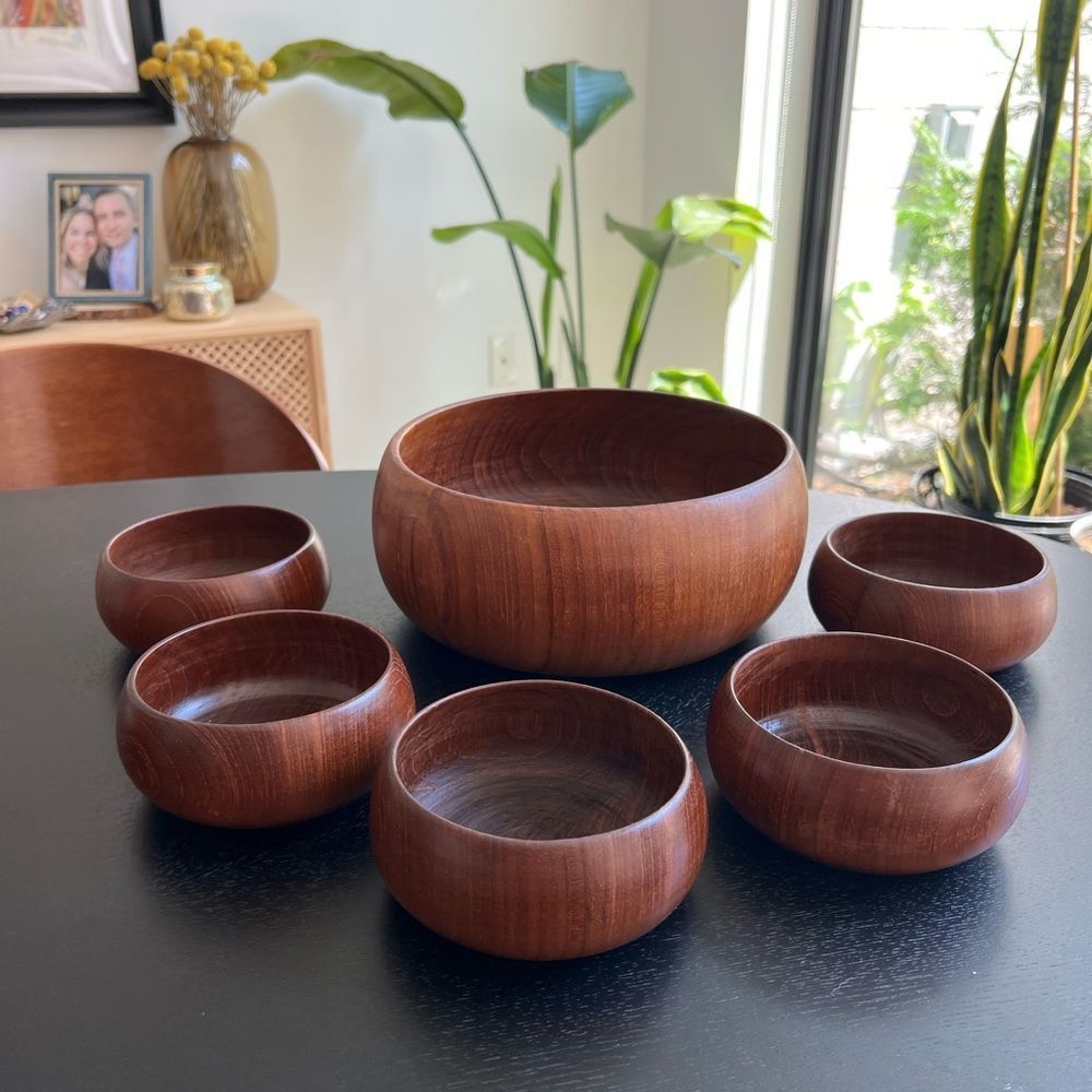 Vintage MCM 60s Wooden Salad Bowl Set - Set of 6